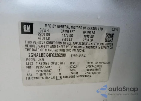 2015 Chevrolet Equinox Lt из США, поврежденный, VIN 2GNALBEK4F6326280